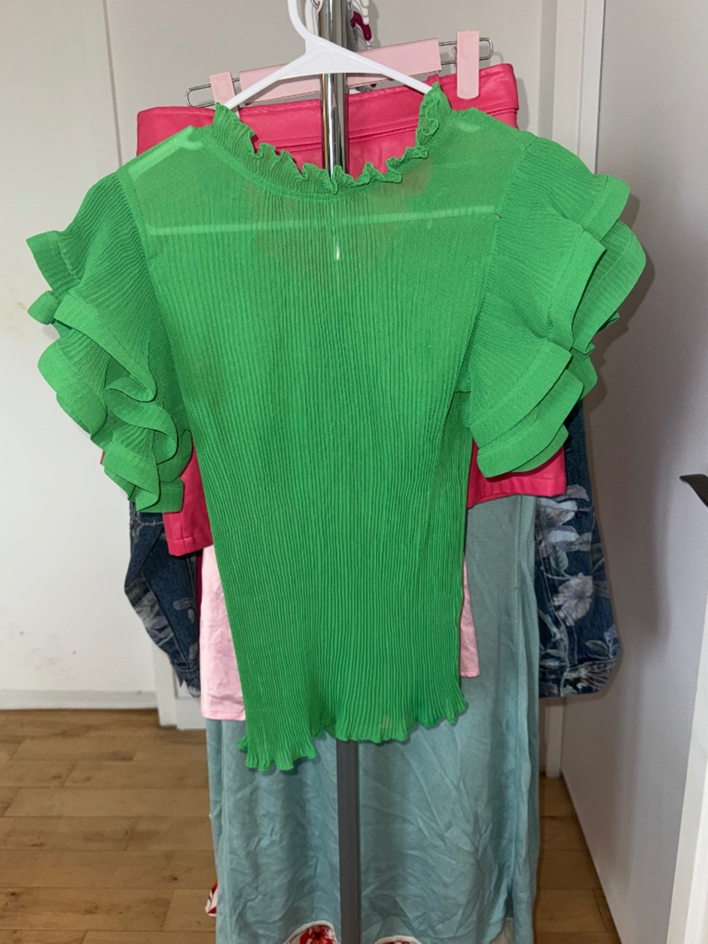 Green Ruffle Sleeve Ribbed Top